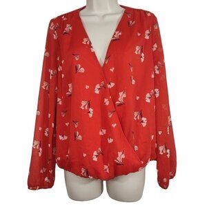 Banana Republic Red Floral V-neck Faux Wrap Top Women Size M Long Sleeve Crinkle
